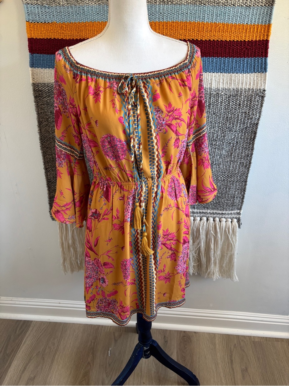 Jealous Tomato Mustard and Pink Floral Off-Shoulder Midi Dress